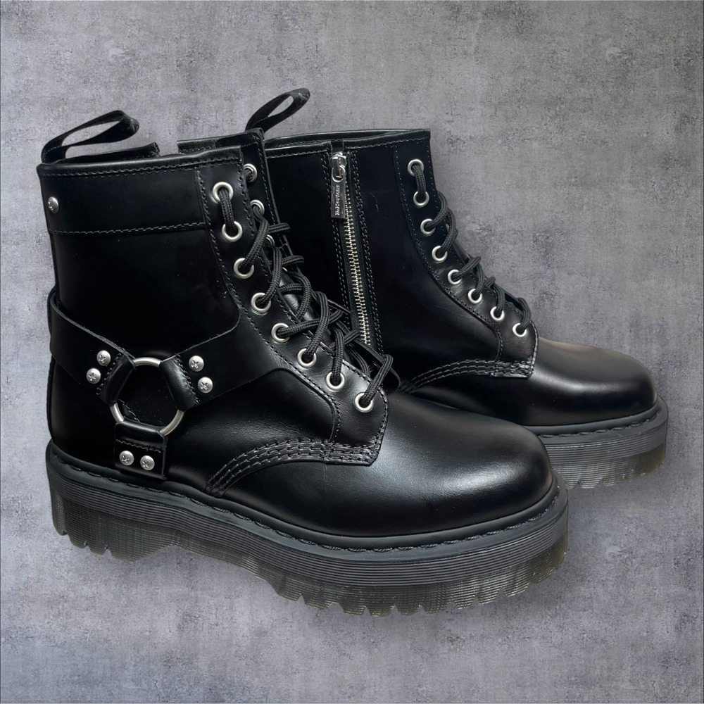 Dr Martens Black Leather Quad Harness Lace Up Combat Boots Mens 10 Grunge Y2K